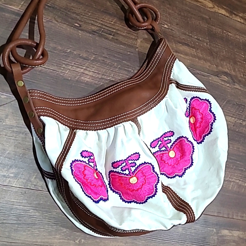 Anthropologie Cream and Brown Hobo Bag with Pink Floral Accents